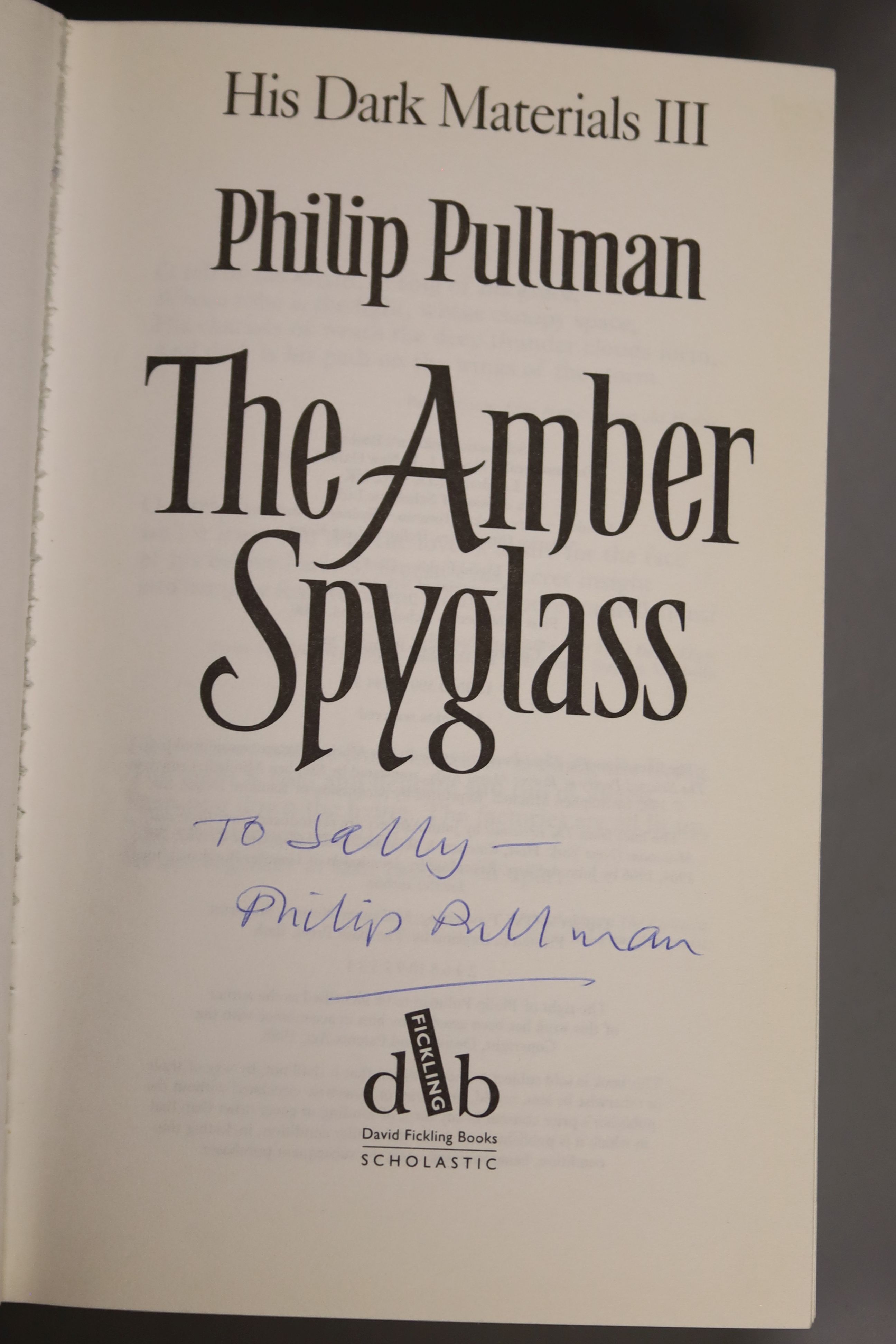 Pullman, Philip – His Dark Materials, the combined trilogy, 18vo, hardback, signed (dj present with signed letter of acknowledgement, some scuffing to dj, binding loose) Scholastic Press, 2001., Pullman, Philip – His Dar